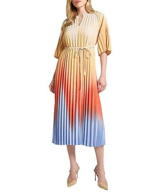 MISOOK Crepe De Chine Ombre Pleated Keyhole Neck Elbow Flutter Sleeve Midi Dress Product Image
