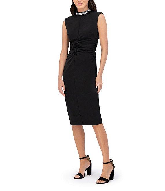 Eliza J Laguna Crepe Beaded Mock Neck Sleeveless Ruched Midi Dress Product Image