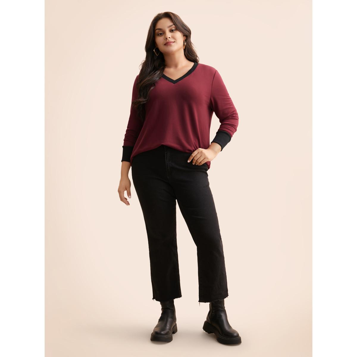 Plus Size V Neck Contrast Patchwork Sweatshirt Women Deepred Casual Contrast V-neck Everyday Sweatshirts BloomChic 18-20/2X Product Image