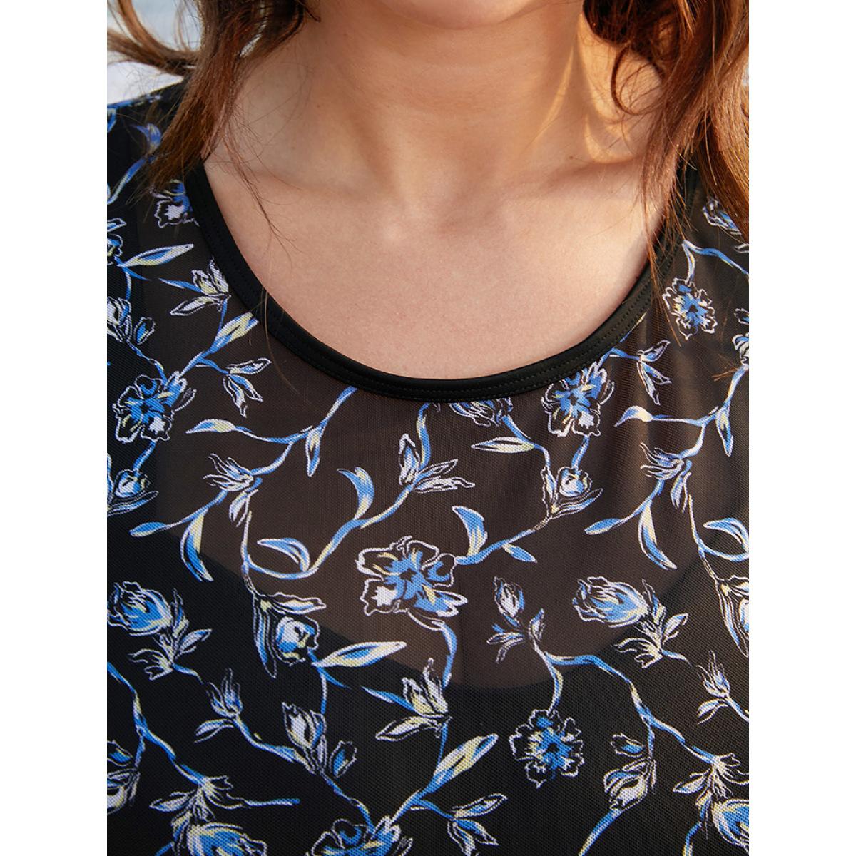 Plus Size Ditsy Floral Ruffle Sleeve Cut Out Swim Dress Women's Swimwear BlackFlower Resort Bodycon Round Neck High stretch Curve Swim Dresses BloomChic 10/M Product Image