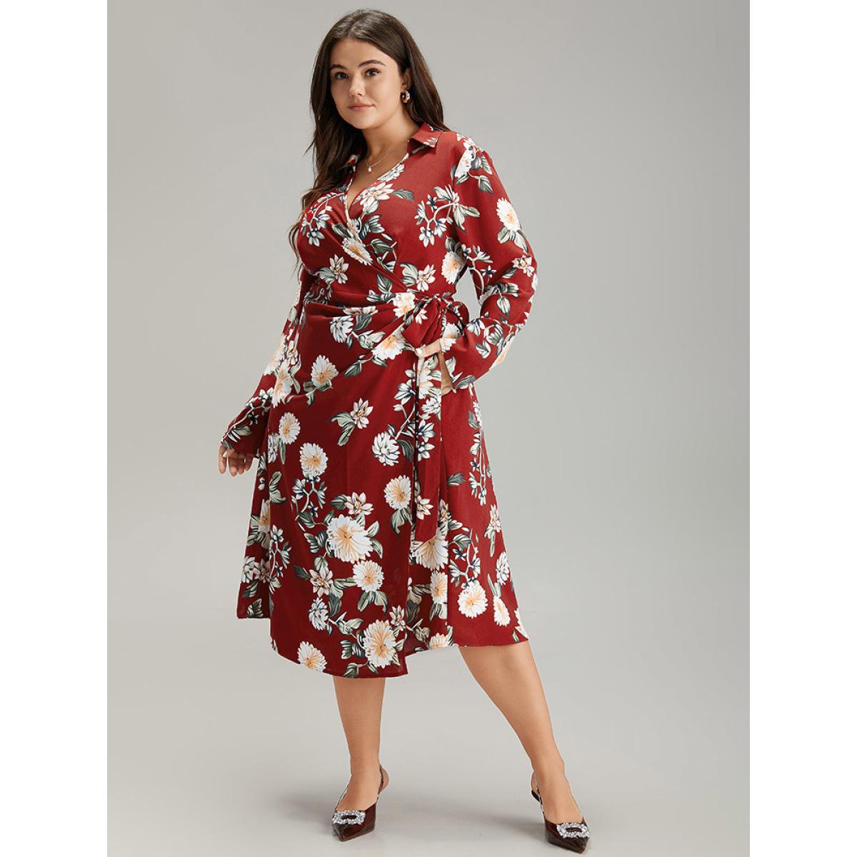 Plus Size Floral Print Knotted Shirt Collar Dress Scarlet Women Elegant Printed V-neck Long Sleeve Curvy Midi Dress BloomChic 22-24/3X Product Image