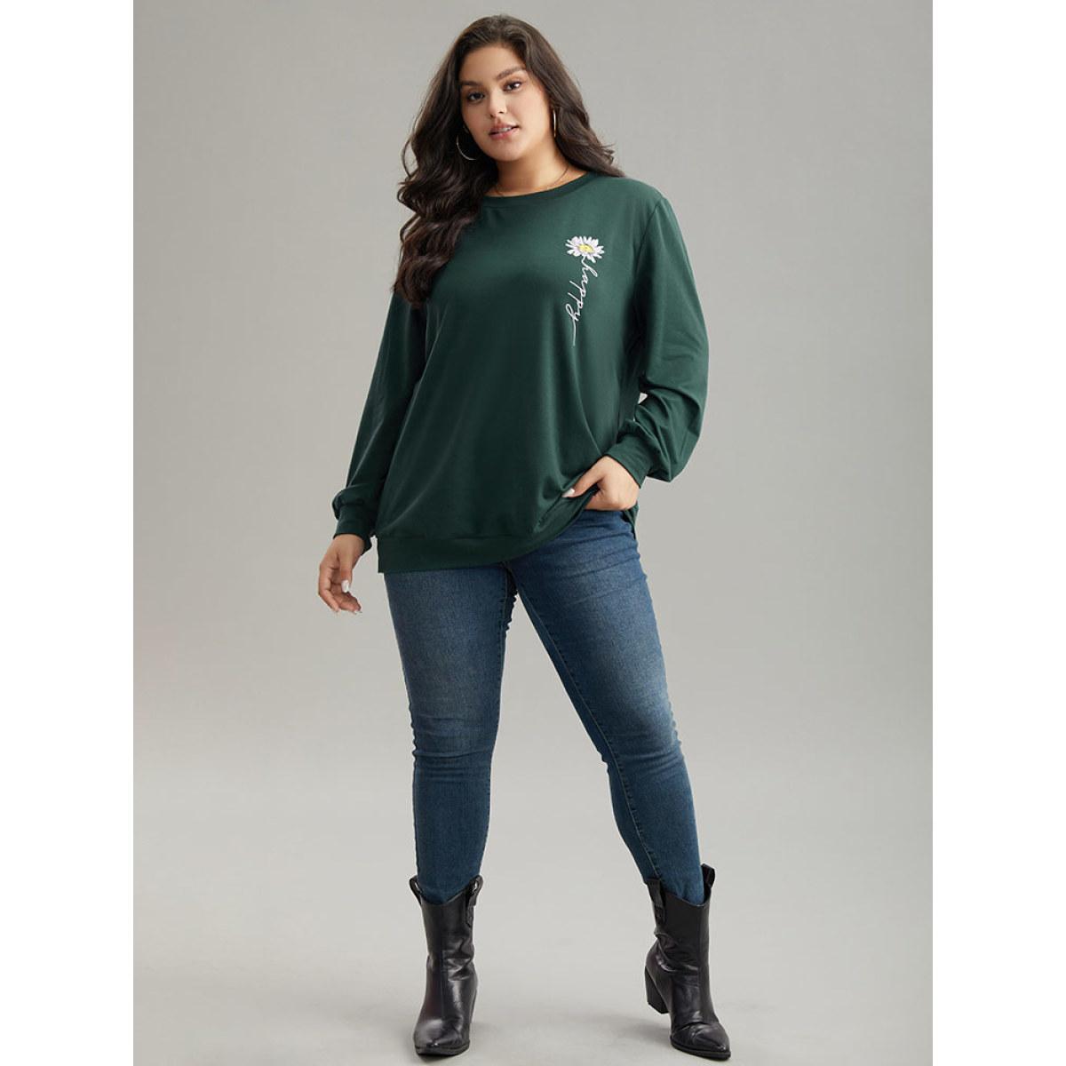 Plus Size Floral Print Round Neck Sweatshirt Women DarkGreen Casual Printed Dailywear Sweatshirts BloomChic 14-16/1X Product Image