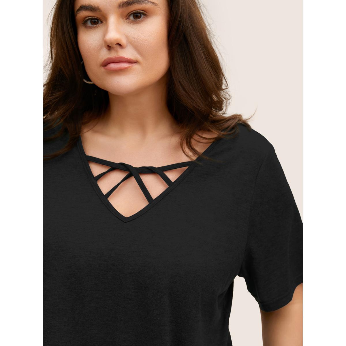 Plus Size Solid Heather Crisscross Medium Stretch T-shirt Black Women Casual Cut-Out V-neck Everyday T-shirts BloomChic 12/L Product Image
