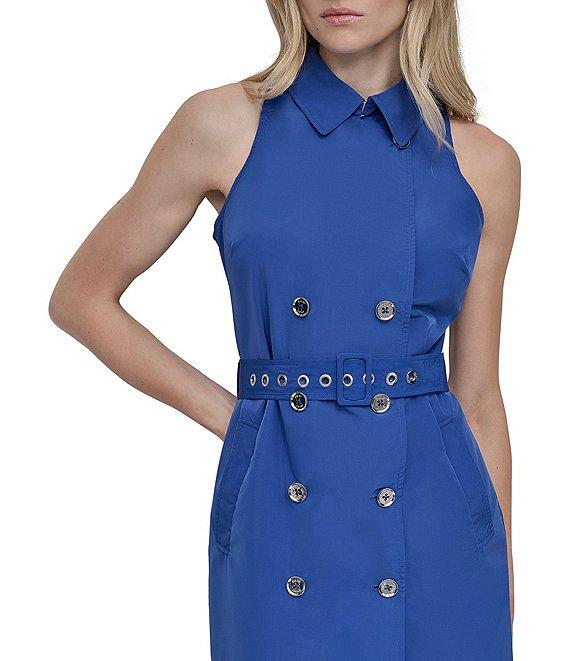 DKNY by Donna Karan Petite Size Tech Taffeta Notch Collar Neck Sleeveless Belted Sheath Mini Dress Product Image