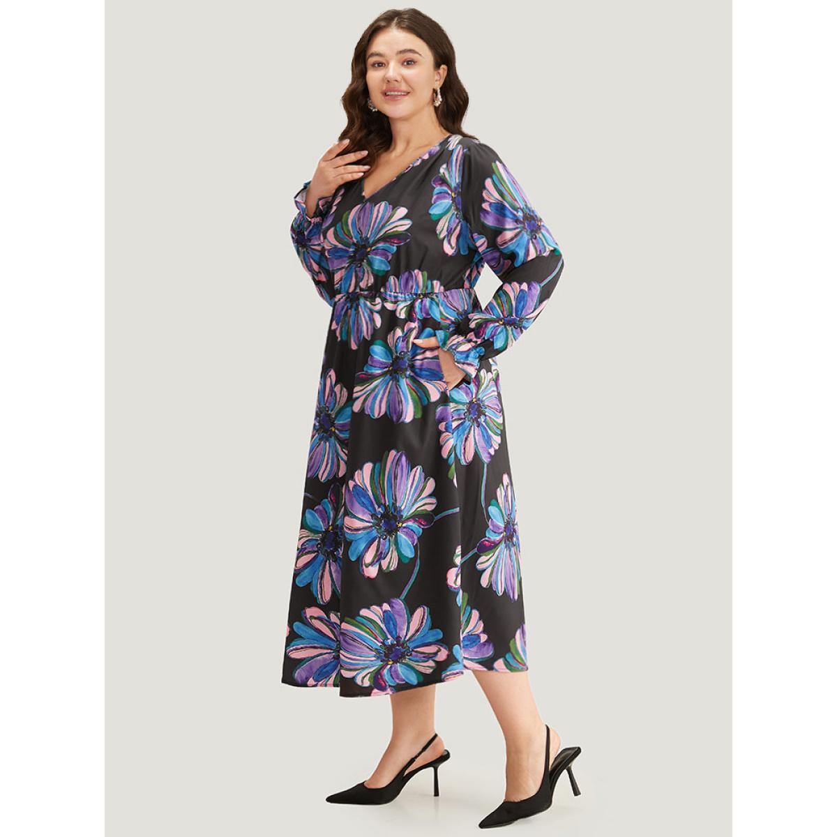 Plus Size Floral Print Flutter Trim Dress Black Women Office Printed V-neck Long Sleeve Curvy Midi Dress BloomChic 22-24/3X Product Image