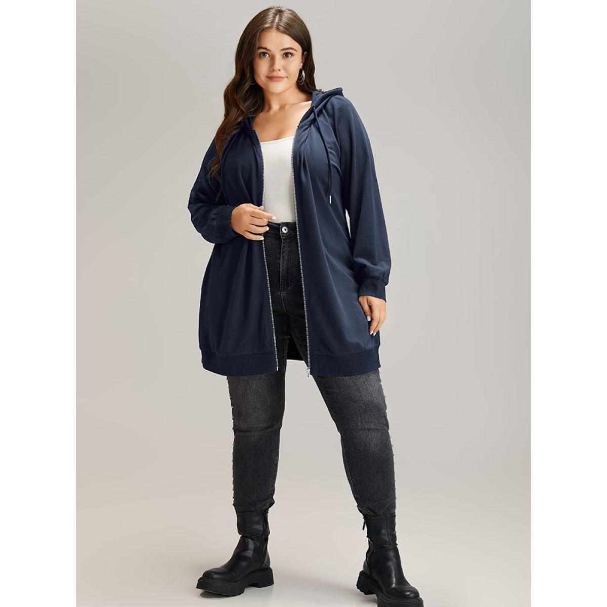 Plus Size Plain Zipper Hooded Drawstring Pocket Sweatshirt Women DarkGreen Casual Plain Hooded Dailywear Sweatshirts BloomChic 26/4X Product Image