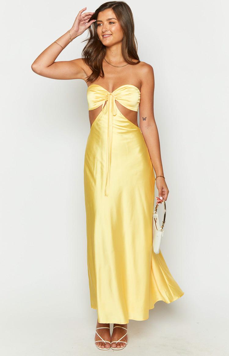 Lili Yellow Satin Strapless Maxi Dress Product Image