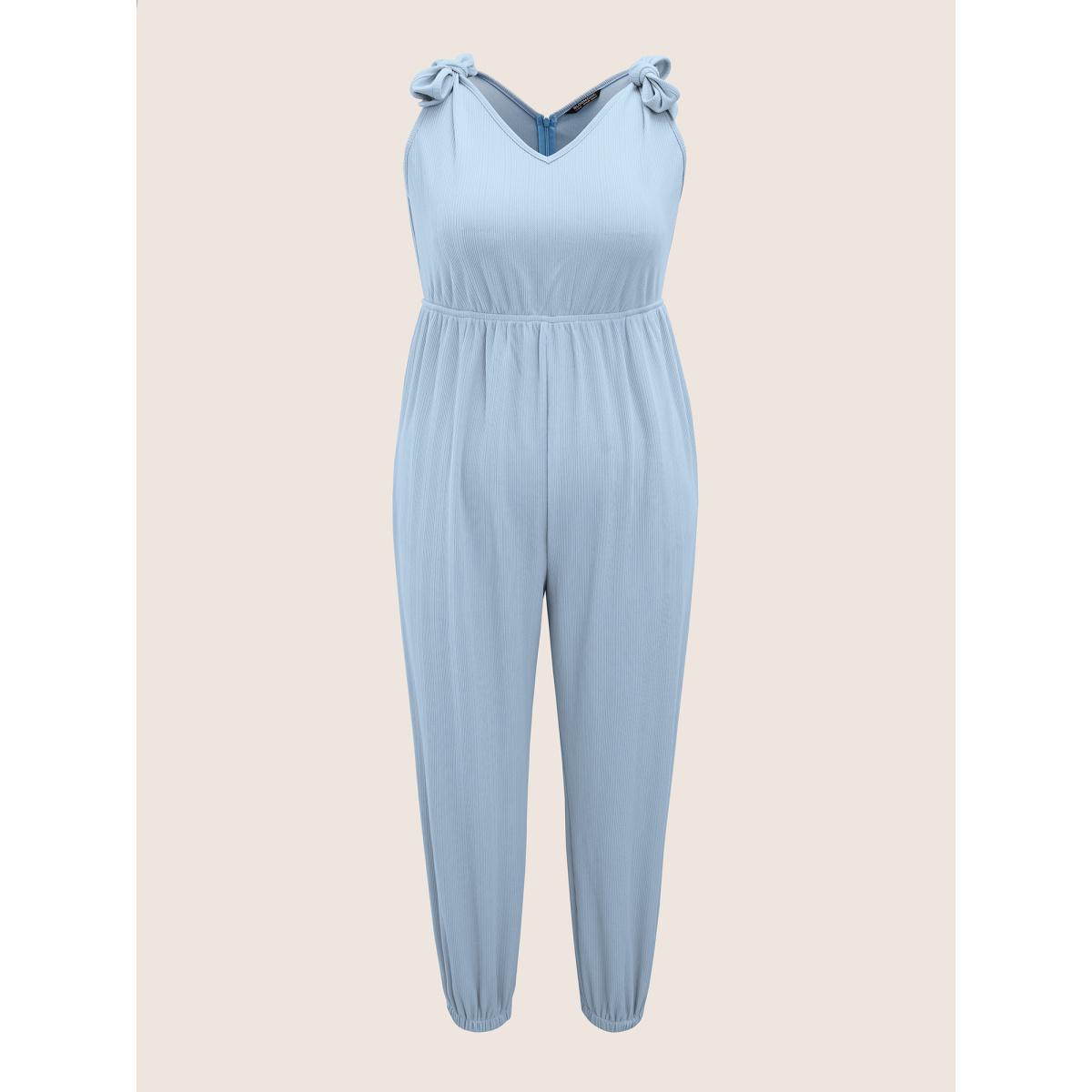 Plus Size LightBlue Solid Tie Knot Pit Strip Jumpsuit Women Casual Sleeveless V-neck Everyday Loose Jumpsuits BloomChic 14-16/1X Product Image