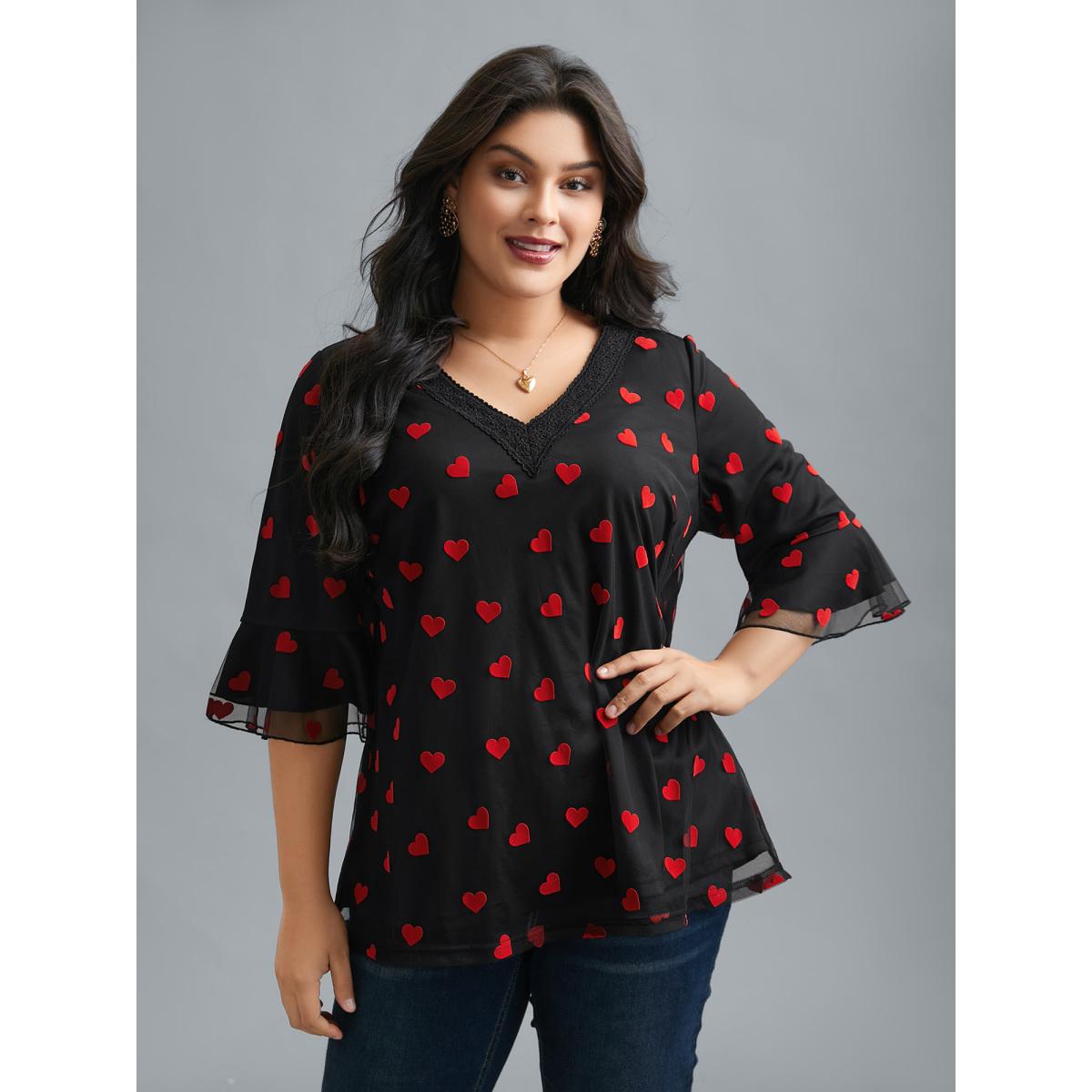 Plus Size Black V-Neck Hearts Mesh Lace Detailing Blouse Women Elegant Elbow-length sleeve V-neck Everyday Blouses BloomChic 14-16/1X Product Image