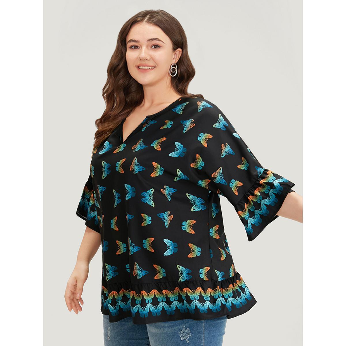 Plus Size BlackFlower Butterfly Notched Bell Sleeve Gathered Blouse Women Vacation Elbow-length sleeve Notched collar Dailywear Blouses BloomChic 30/6X Product Image