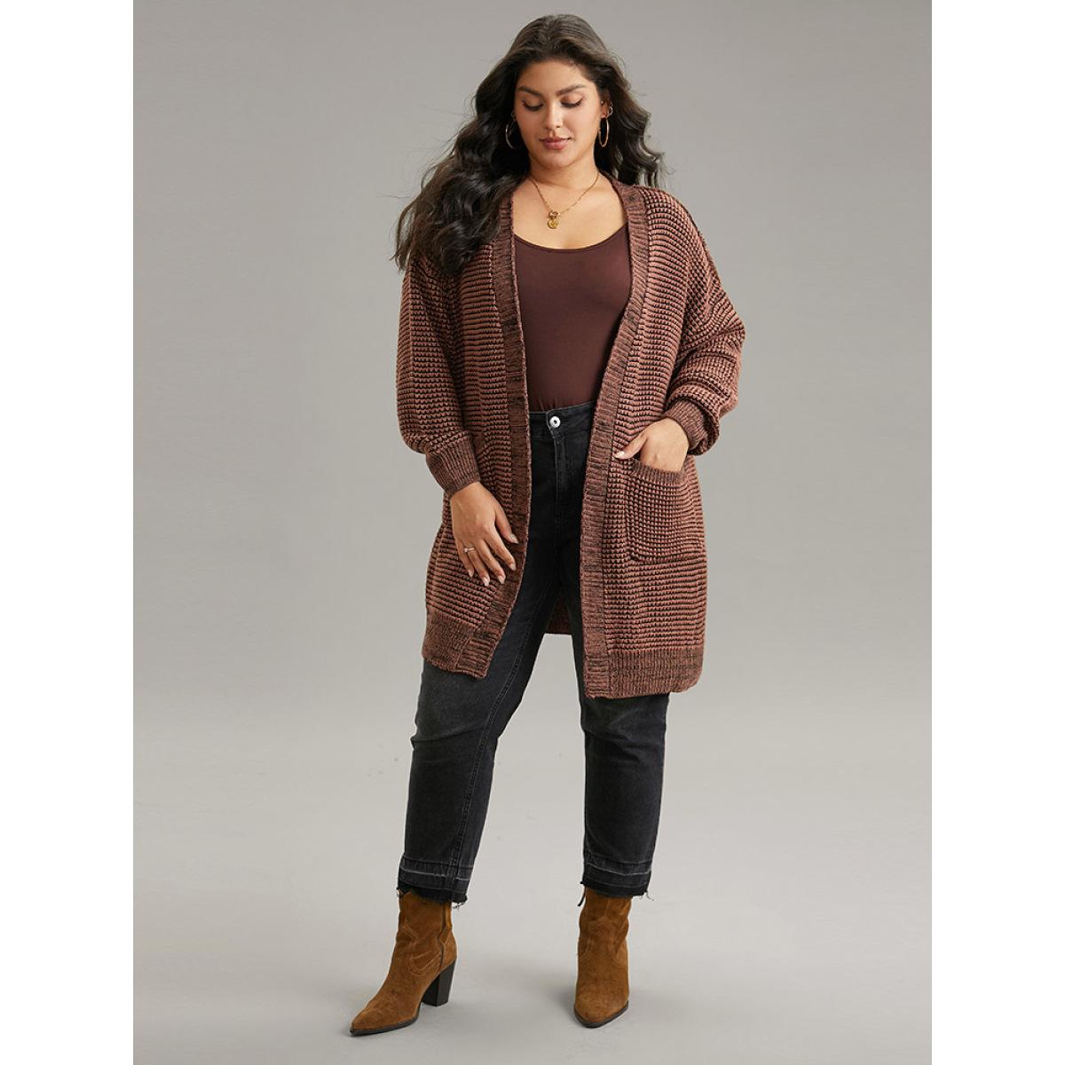Plus Size Plisse Plain Patched Pocket Tunic Cardigan DarkBrown Women Casual Loose Long Sleeve Dailywear Cardigans BloomChic 22-24/3X Product Image