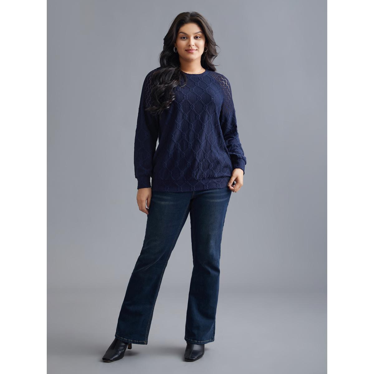Plus Size Raglan Lace Mesh Sleeve Textured Sweatshirt Women Indigo Elegant See through Round Neck Everyday Sweatshirts BloomChic 26/4X Product Image