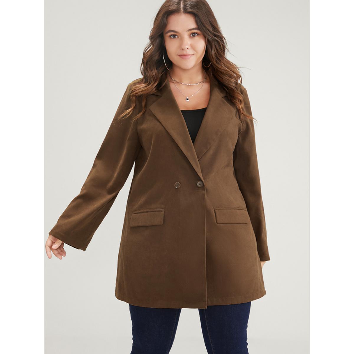 Plus Size Solid Pocket Suit Collar Double Button Blazer Brown Women Dailywear Plain Pocket Sleeve Long Sleeve Suit Collar 10/M Pocket Casual Blazers BloomChic Product Image