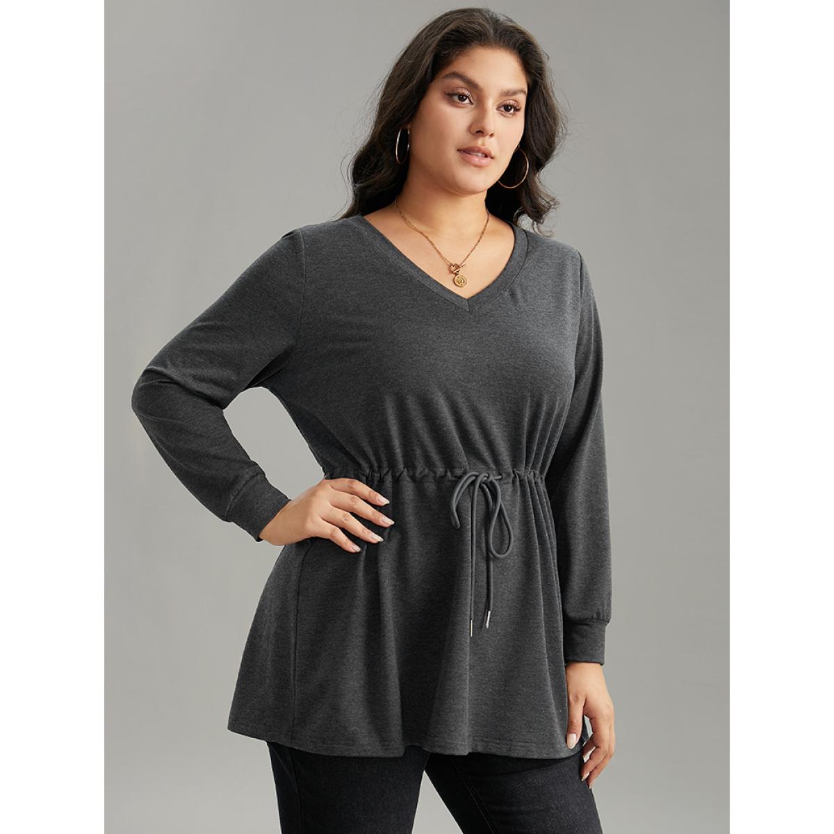 Plus Size V Neck Plain Drawstring Knot Sweatshirt Women Gray Casual Plain V-neck Dailywear Sweatshirts BloomChic 22-24/3X Product Image