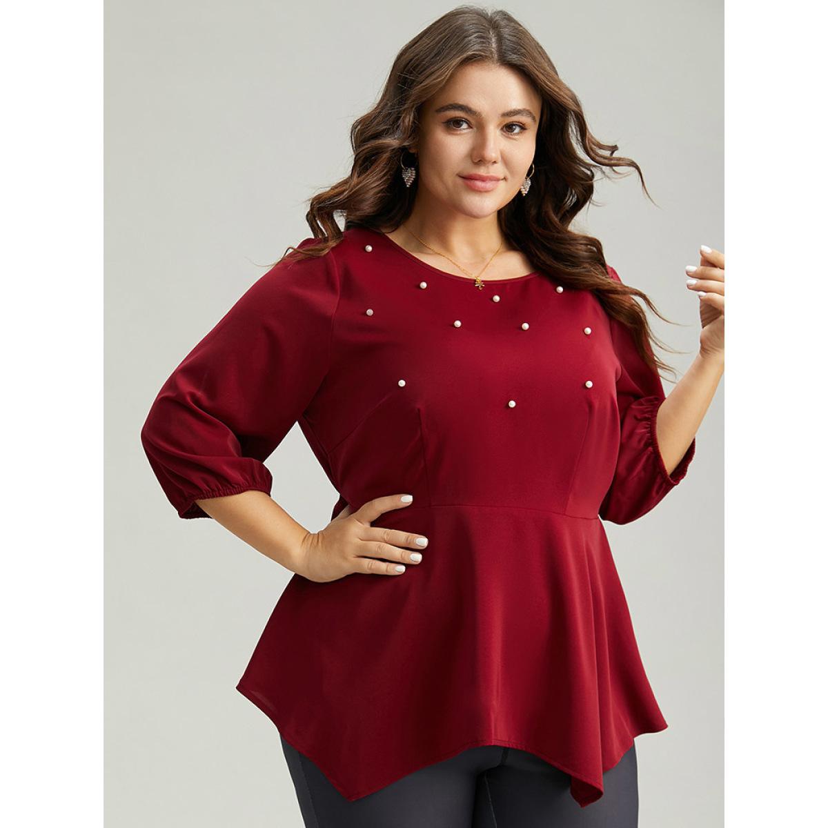 Plus Size Burgundy Plain Pearl Beaded Gathered Hanky Hem Blouse Women Glamour Elbow-length sleeve Round Neck Festival-Christmas Blouses BloomChic 30/6X Product Image
