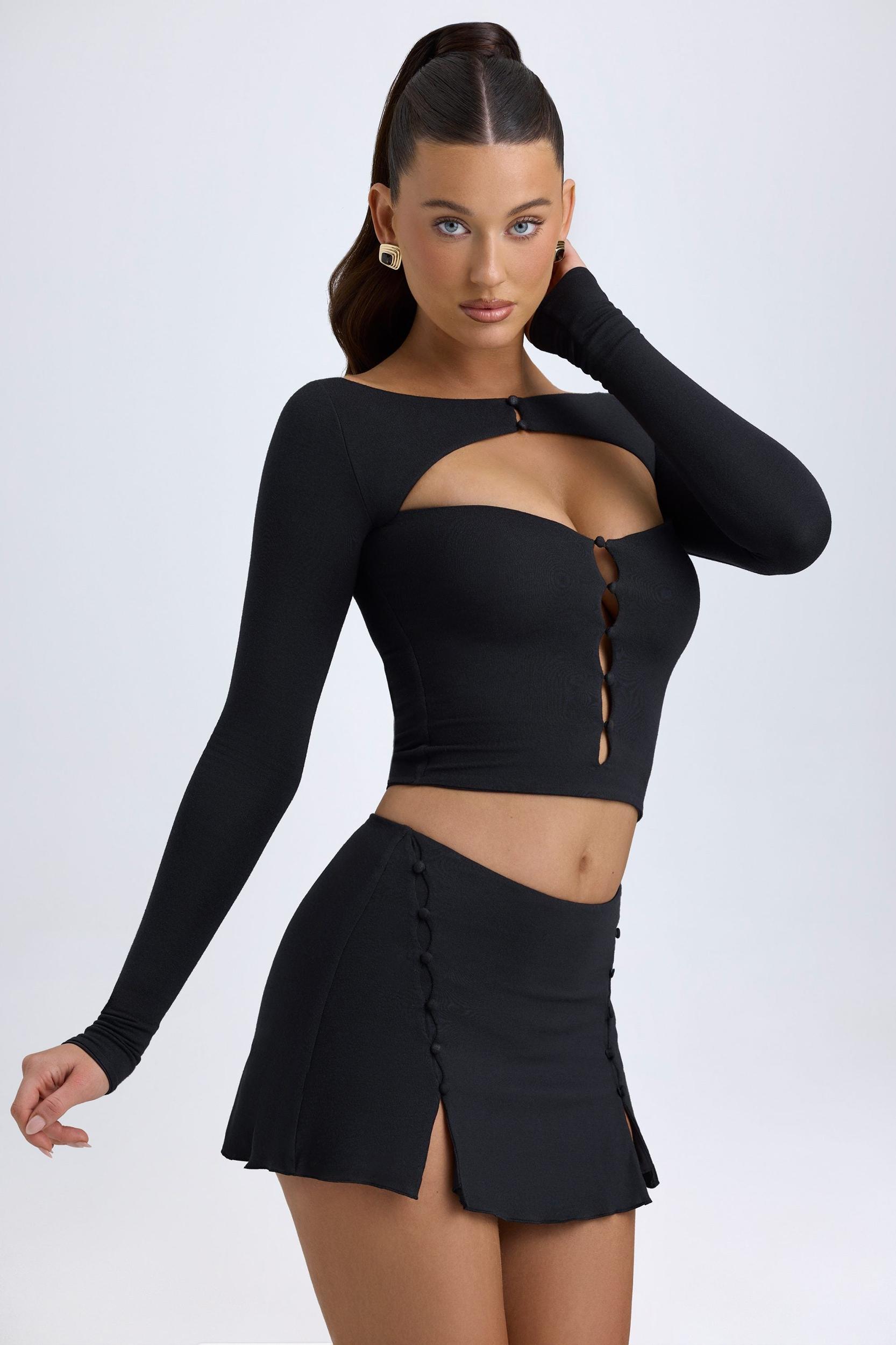 Modal Button-Detail Low-Rise Mini Skirt in Black Female Product Image