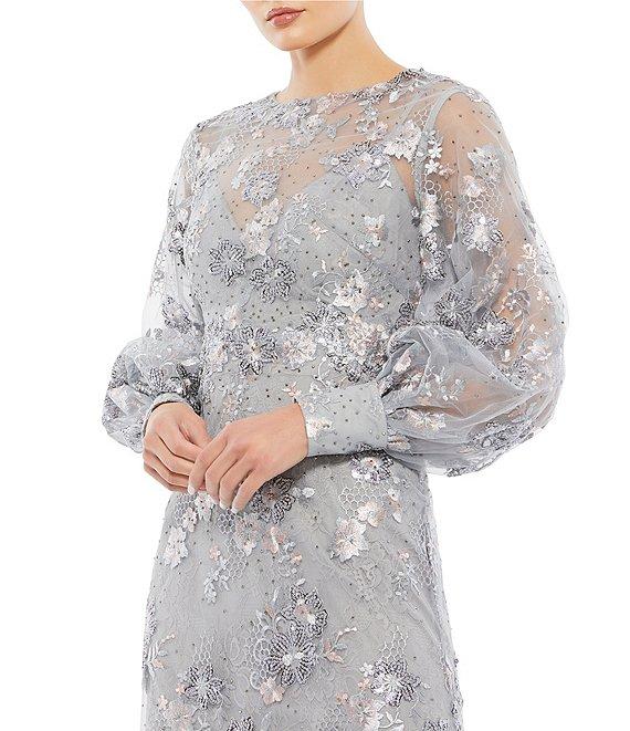 Mac Duggal Beaded Illusion Crew Neck Long Bishop Sleeve Gown Product Image