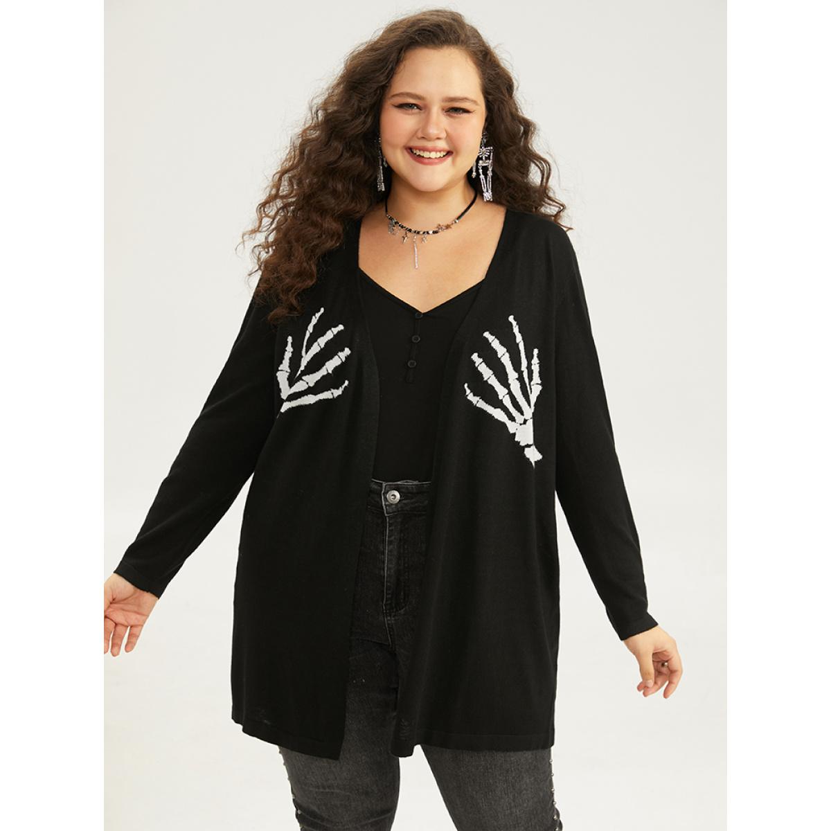 Plus Size Supersoft Essentials Halloween Skull Print Open Front Cardigan Black Women Casual Long Sleeve Festival-Halloween Cardigans BloomChic 10/M Product Image
