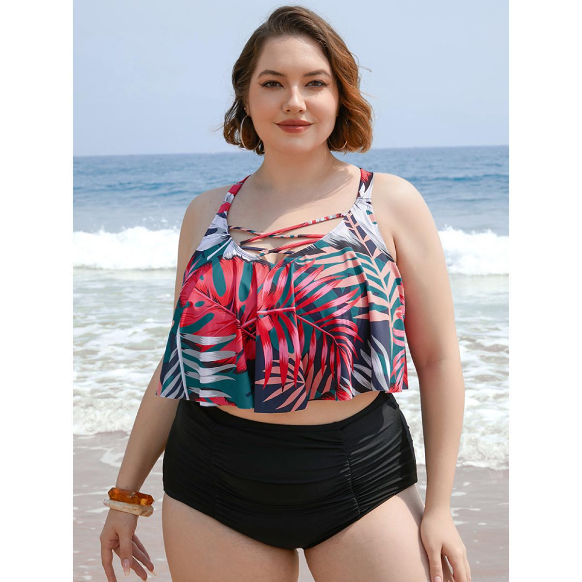 Plus Size Leaf Print Contrast Ruffle Crisscross Front Tankini Top Women's Swimwear Indigo Vacation Adjustable Straps High stretch Bodycon V-neck Curve Swim Tops BloomChic 28/5X Product Image