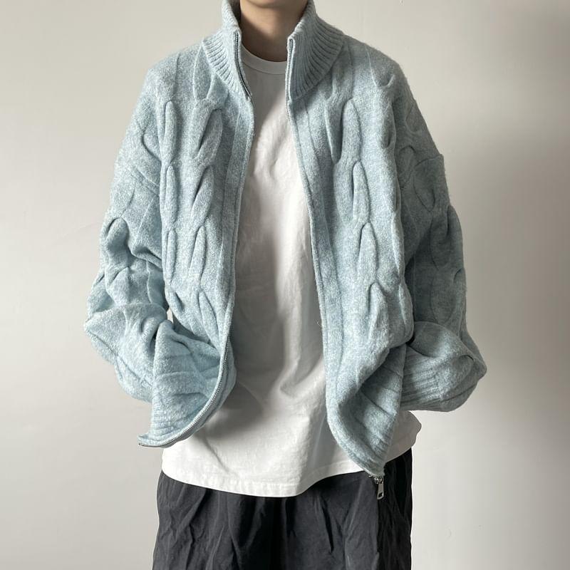 Stand Collar Plain Cable Knit Zip Cardigan Product Image