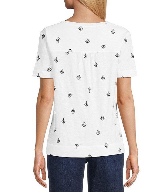 Westbound Distressed Foulard Print Short Sleeve V-Neck Top Product Image