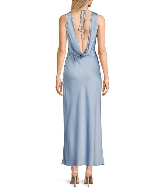 Midnight Doll Satin V-Neck Sleeveless Back Drape Dress Product Image