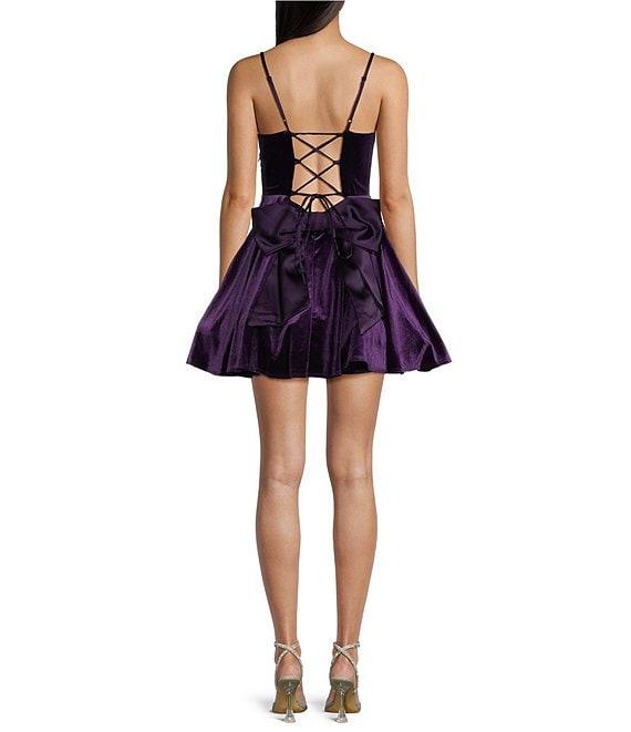 B. Darlin Spaghetti Strap Sweetheart Neckline Lace Up Back Bow Velvet Dress Product Image