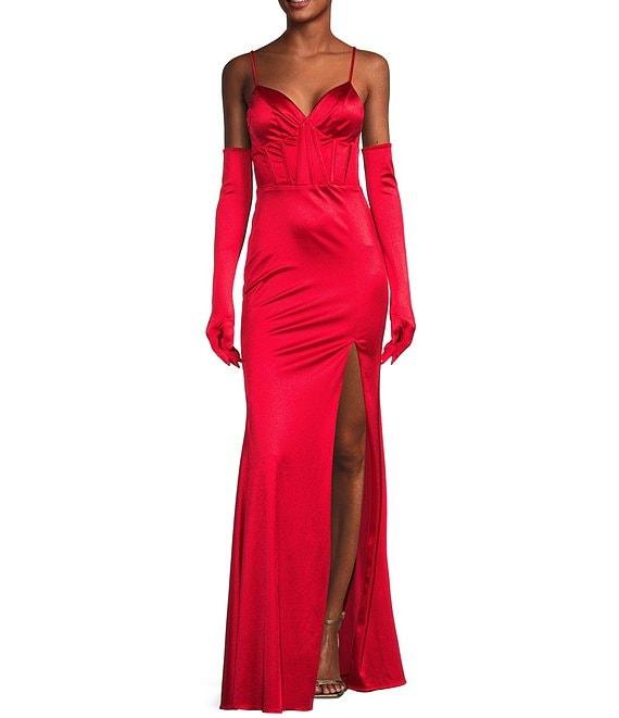 Midnight Doll Spaghetti Strap Corset Satin Gloves Long Dress Product Image