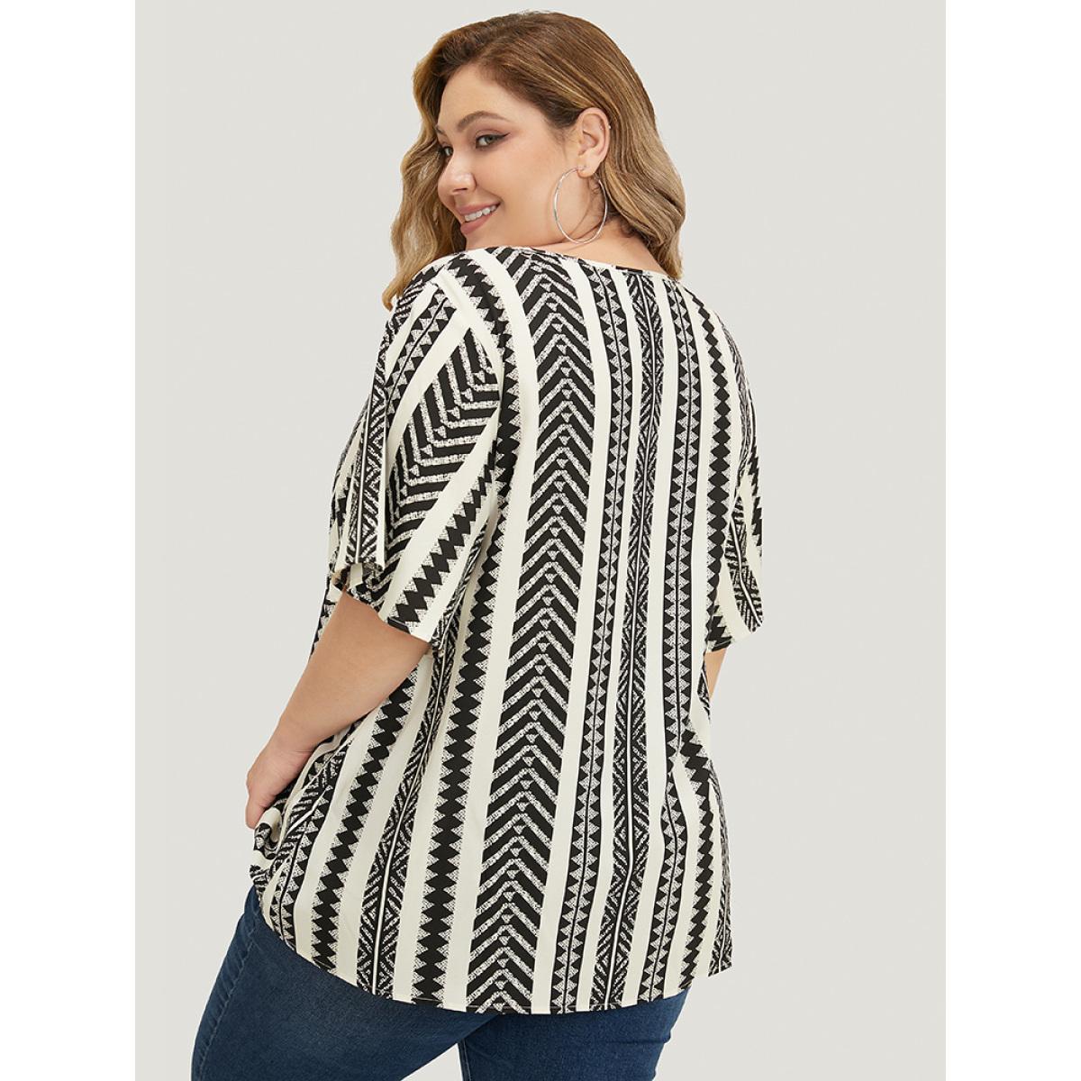 Plus Size White Geometric Print Ruffle Sleeve Button Detail Blouse Women Vacation Short sleeve V-neck Dailywear Blouses BloomChic 14-16/1X Product Image