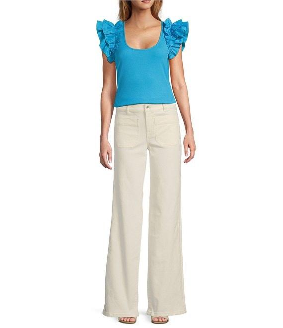 Sugarlips Scooped Neck Ruffle Shoulder Cap Sleeve Ribbed Mixed Media Top Product Image