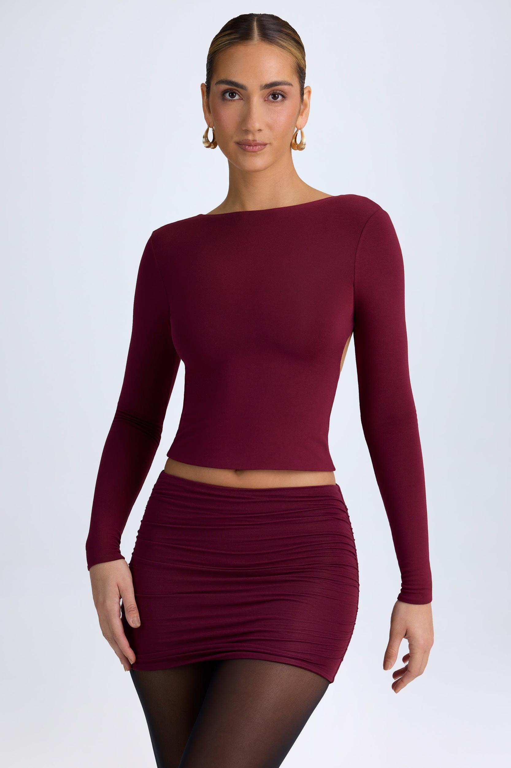 Modal High Neck Long Sleeve Open Back Top in Wine Red Product Image