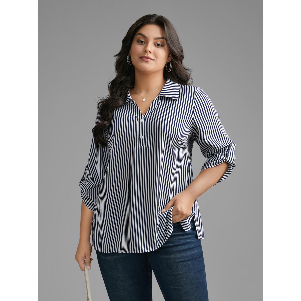 Plus Size Indigo Striped Button Cuff Sleeve Split Hem Blouse Women At the Office Elbow-length sleeve Shirt collar Work Blouses BloomChic 12/L Product Image