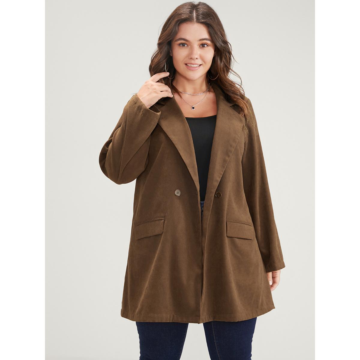 Plus Size Solid Pocket Suit Collar Double Button Blazer Brown Women Dailywear Plain Pocket Sleeve Long Sleeve Suit Collar 10/M Pocket Casual Blazers BloomChic Product Image
