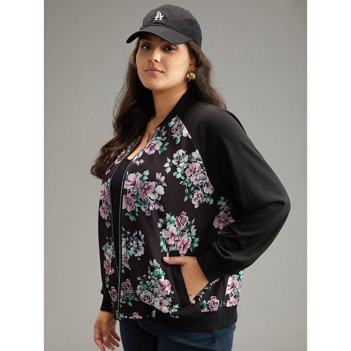 Plus Size Floral Patchwork Zipper Pocket Jacket Women BlackFlower Elastic cuffs Pocket Everyday Jackets BloomChic 10/M Product Image