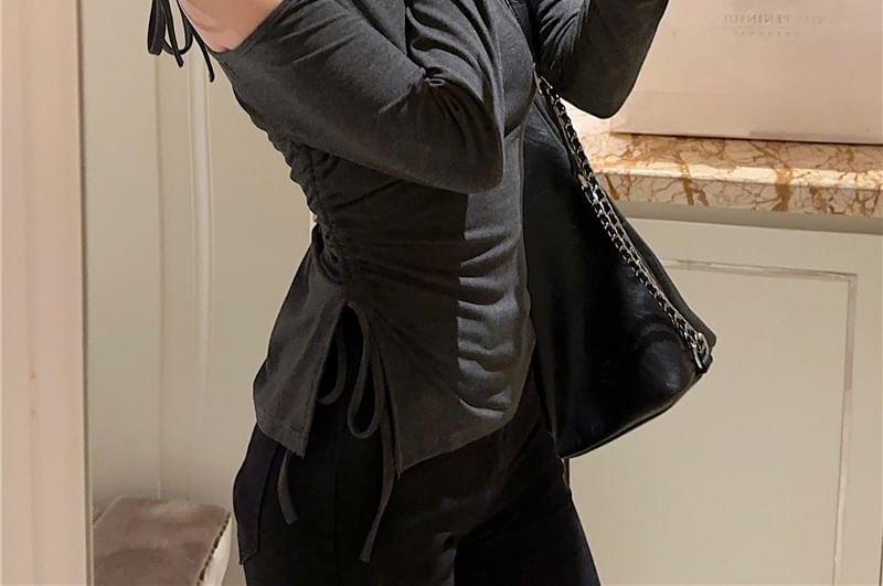 Cold-Shoulder Long-Sleeve Asymmetrical Plain T-Shirt Product Image