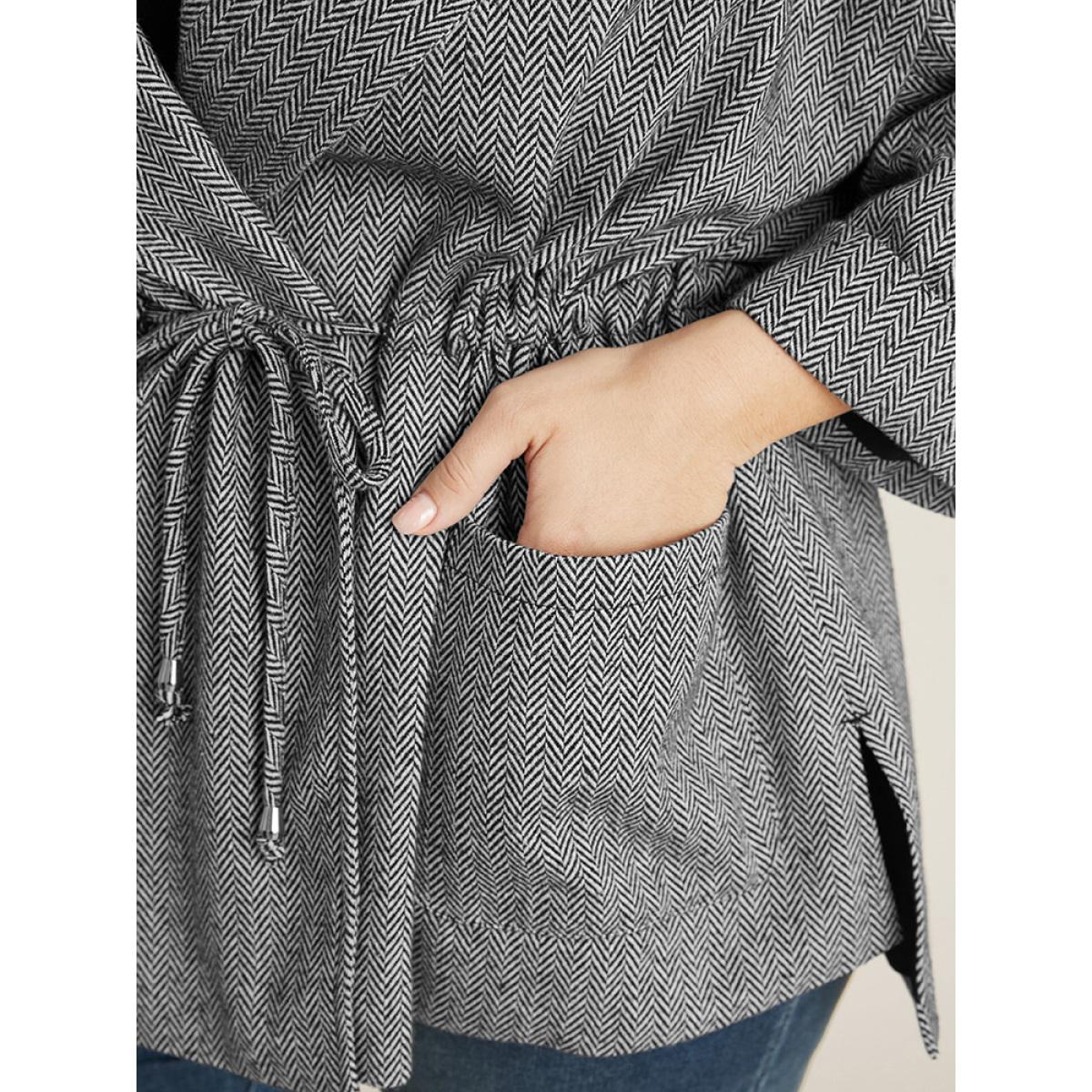 Plus Size Chevron Pattern Pocket Split Hem Drawstring Coat Women Black At the Office Drawstring Ladies Office Winter Coats BloomChic 14-16/1X Product Image