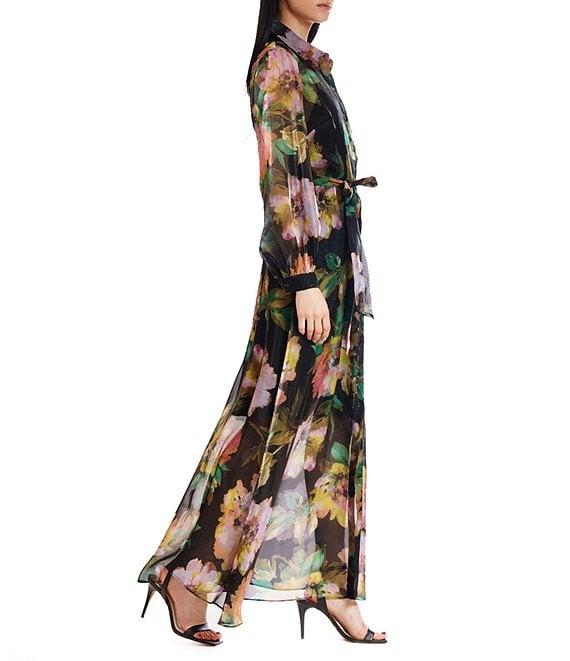 Julia Jordan Organza Collar Neckline Long Sleeve Floral Belted Maxi Shirt Dress Product Image