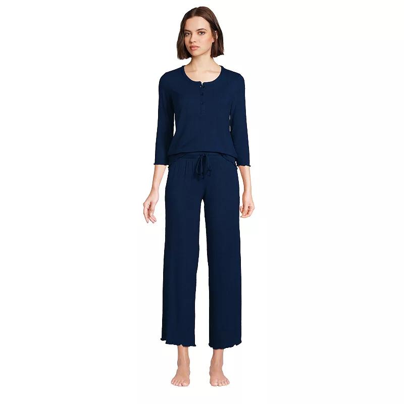 Women's Lands' End Pointelle Rib 3/4 Sleeve Pajama Top and Crop Pajama Pants Sleep Set, Size: Medium, Deep  Blue Product Image
