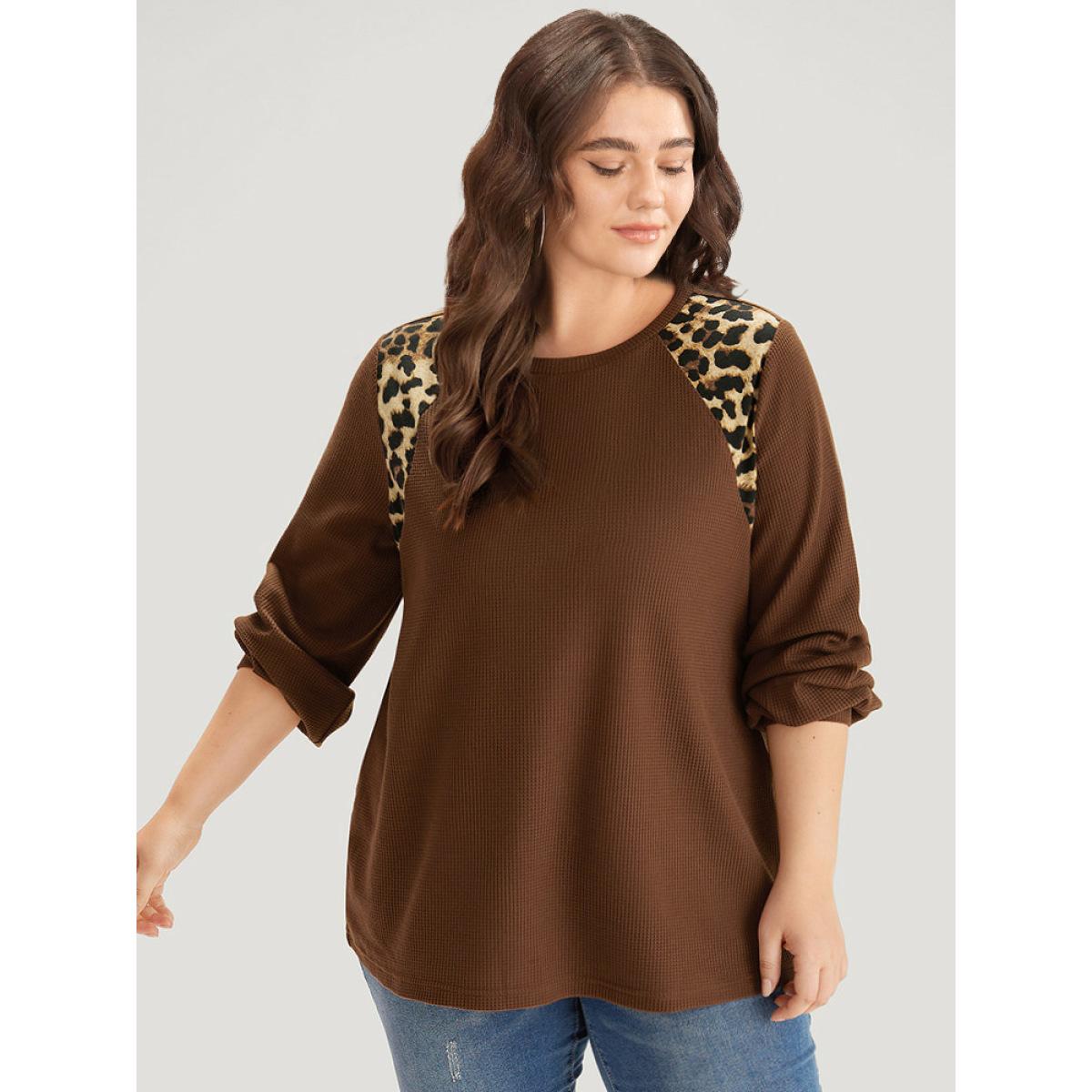 Plus Size Leopard Patchwork Waffle Knit Elastic Cuffs T-shirt DarkBrown Women Casual Elastic cuffs Leopard Round Neck Dailywear T-shirts BloomChic 18-20/2X Product Image