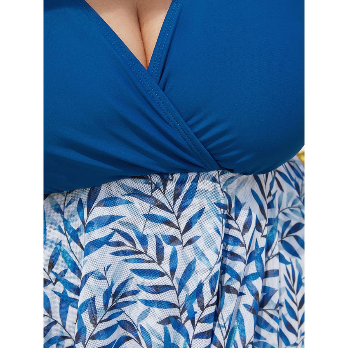 Plus Size Plant Print Ruffle Tiered Sculpt Waist Wrap Swim Dress Women's Swimwear Cerulean Vacation Bodycon V-neck High stretch Curve Swim Dresses BloomChic 28/5X Product Image