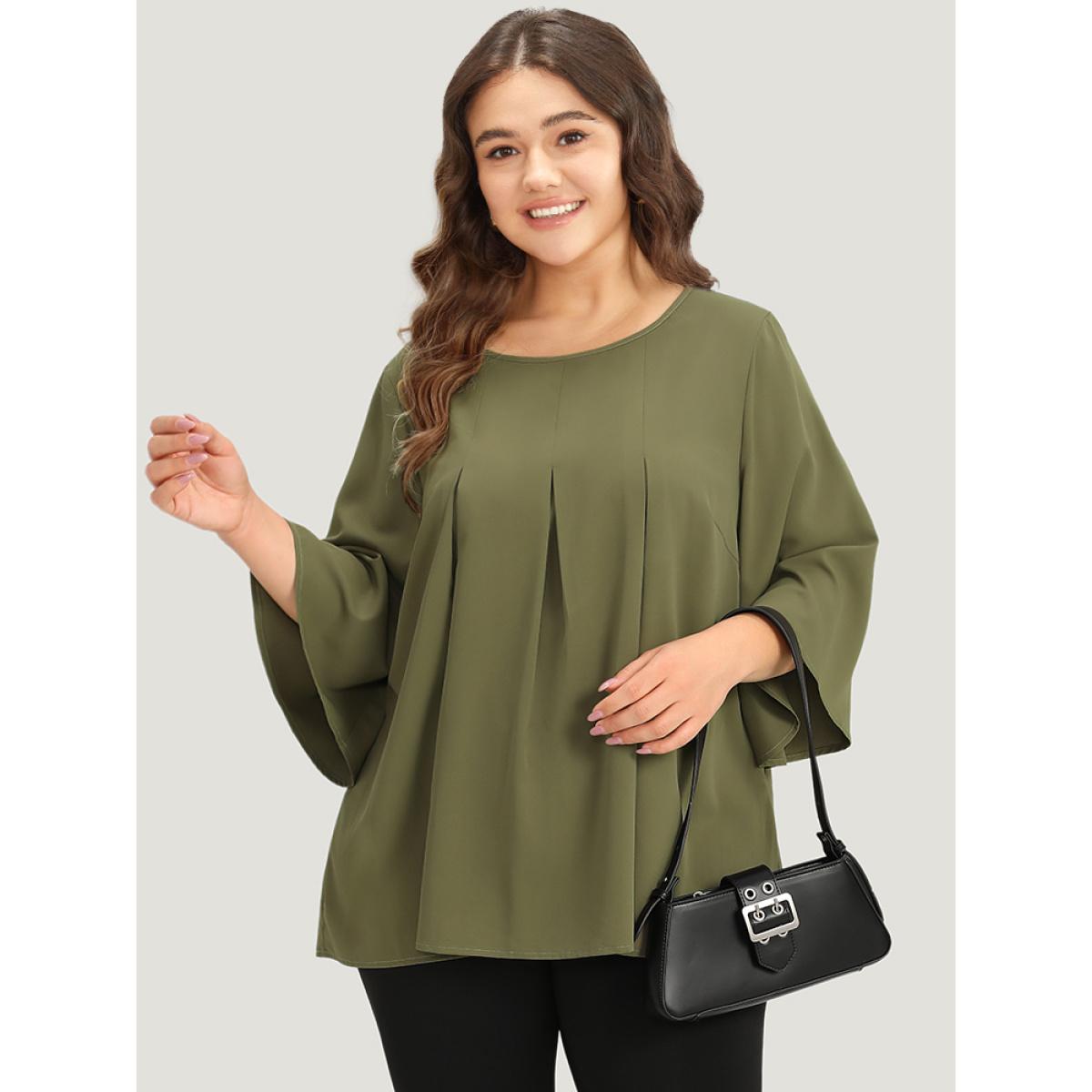 Plus Size ArmyGreen Plain Pleated Detail Bell Sleeve Blouse Women Office Elbow-length sleeve Round Neck Office Blouses BloomChic 14-16/1X Product Image
