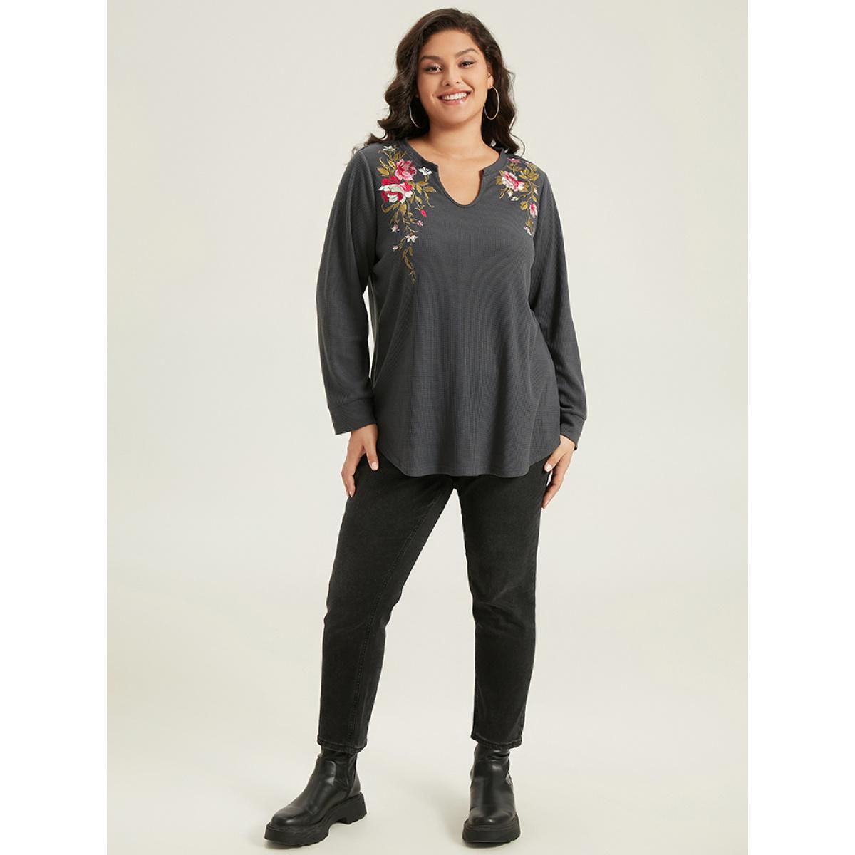 Plus Size Floral Embroidered Notched Arc Hem Sweatshirt Women DimGray Casual Embroidered Notched collar Dailywear Sweatshirts BloomChic 28/5X Product Image