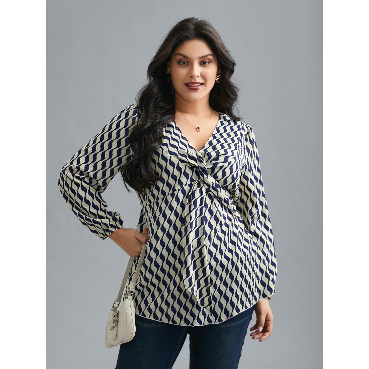 Plus Size Indigo Geometric Print Twist Front Blouse Women At the Office Extra Long Sleeve V-neck Work Blouses BloomChic 28/5X Product Image