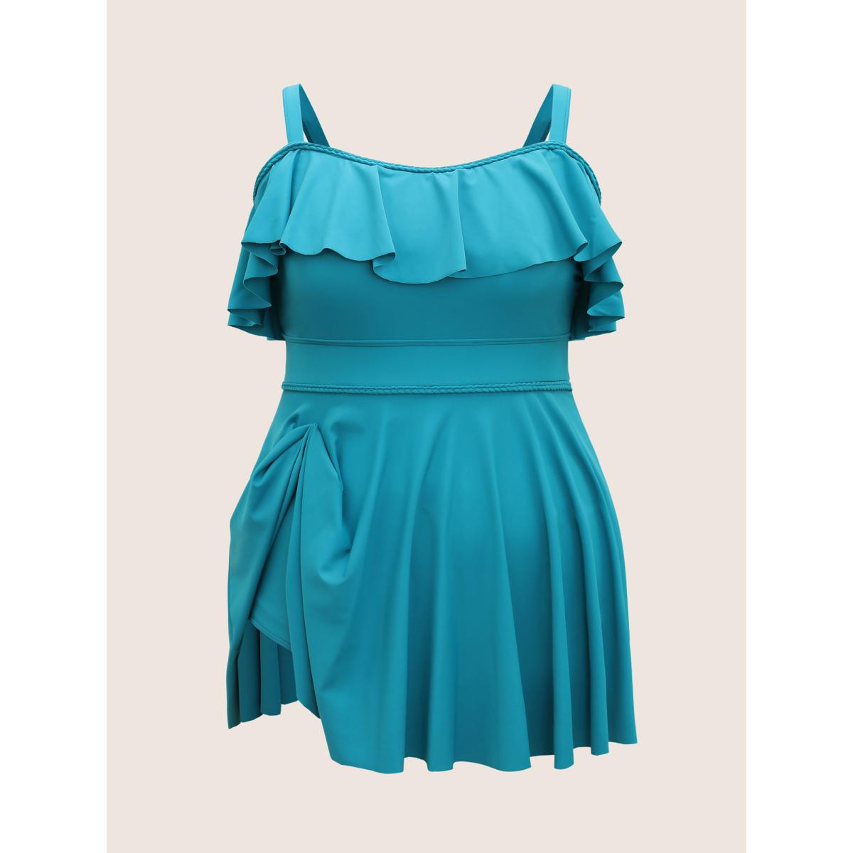 Plus Size Solid Ruffles Trim Adjustable Straps Swim Dress Women's Swimwear Teal Beach Bodycon Strapless High stretch Curve Swim Dresses BloomChic 30/6X Product Image