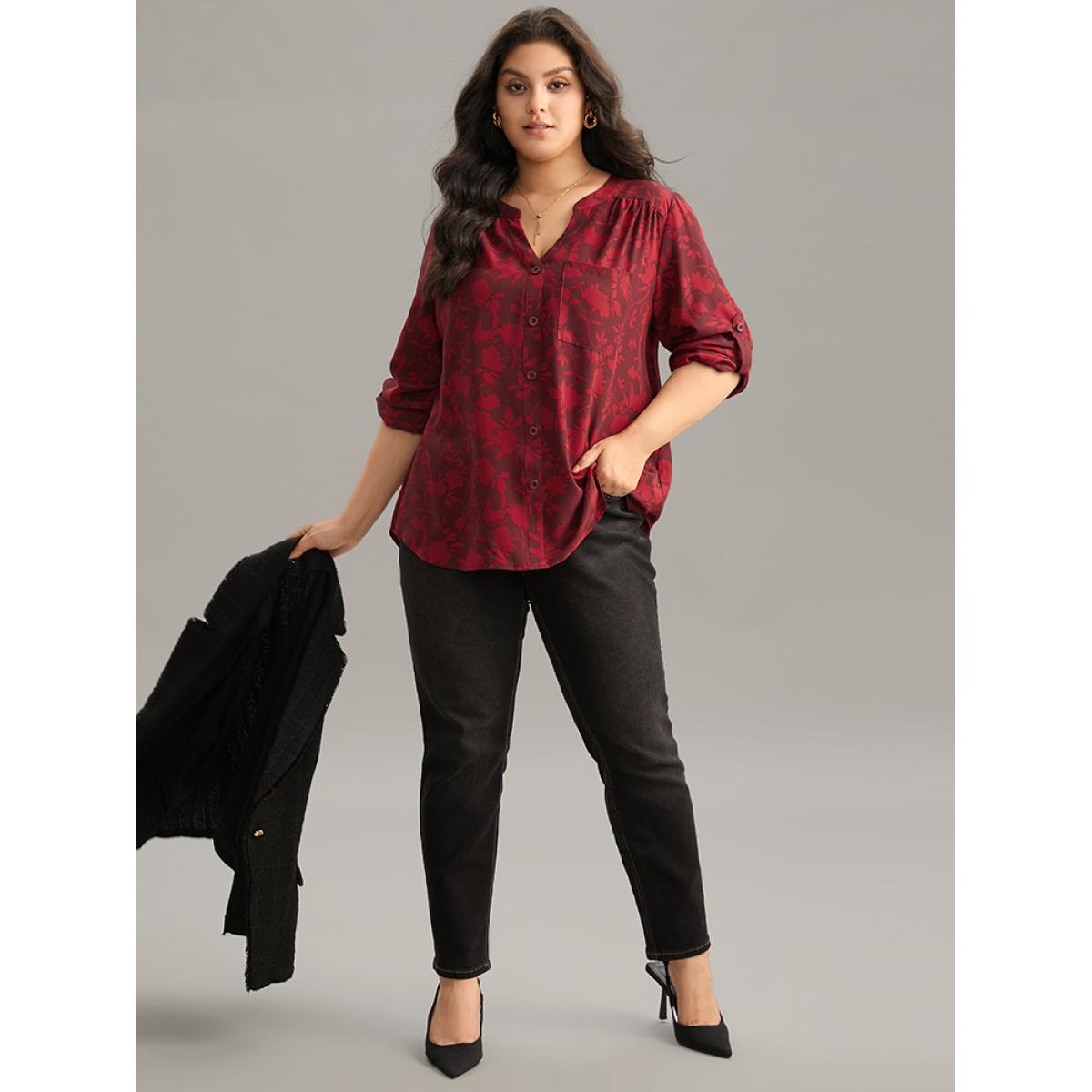 Plus Size Scarlet Silhouette Floral Print Gathered Tab Sleeve Blouse Women Elegant Long Sleeve Notched collar Party Blouses BloomChic 30/6X Product Image