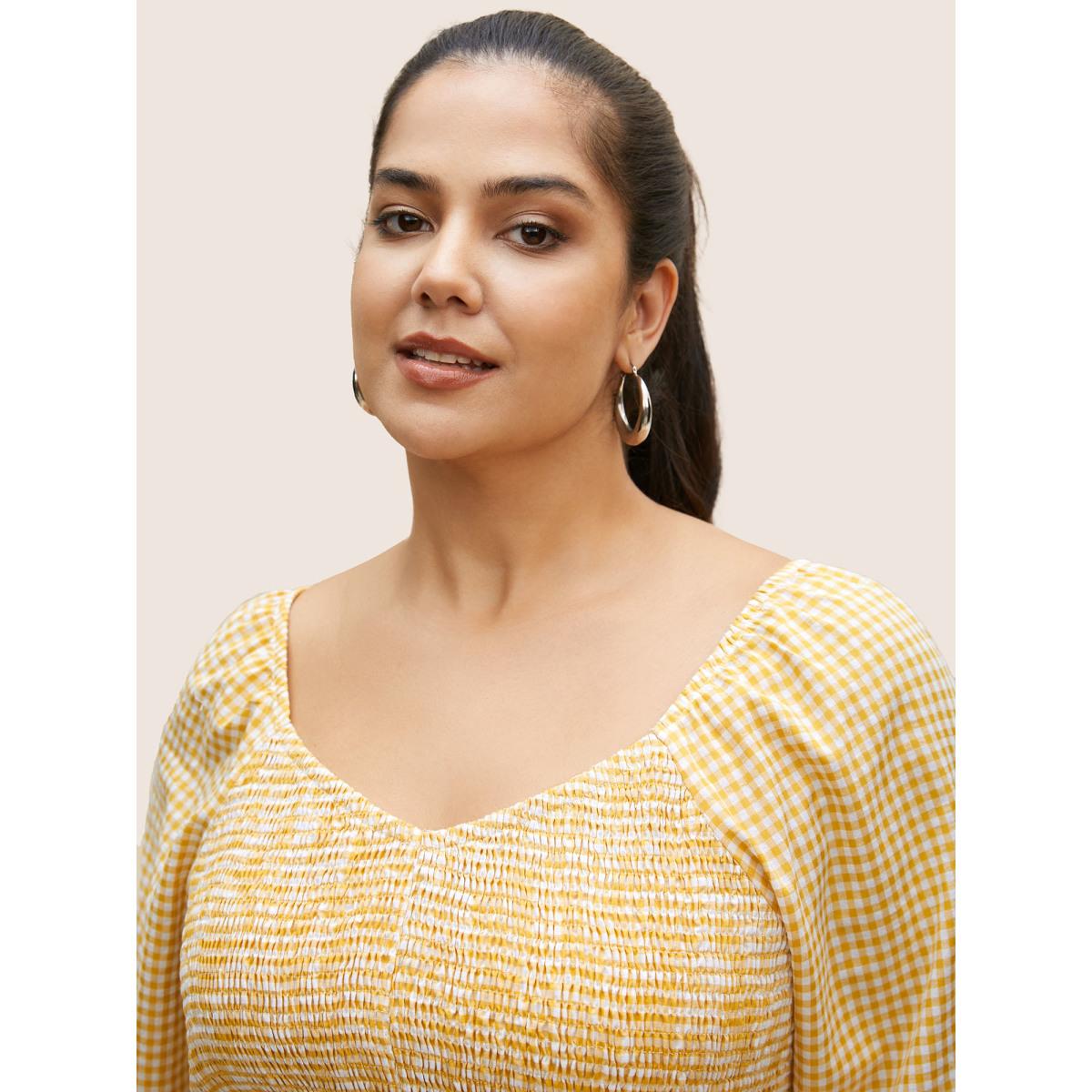 Plus Size Turmeric Heart Neckline Gingham Shirred Lantern Sleeve Blouse Women Casual Elbow-length sleeve Heart neckline Everyday Blouses BloomChic 14-16/1X Product Image