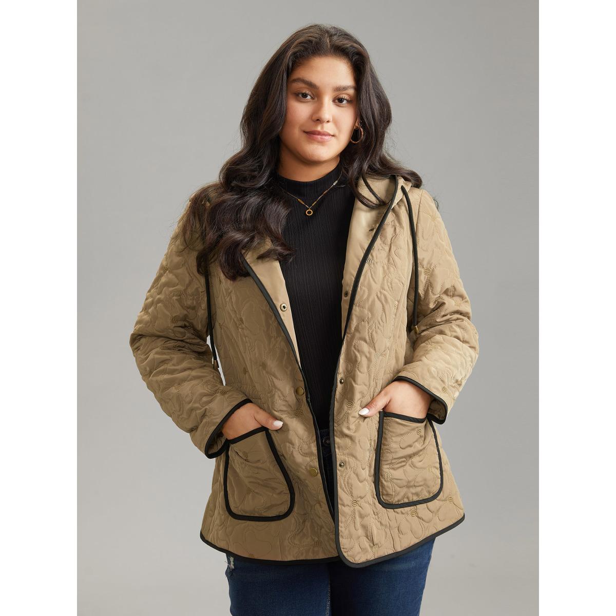 Plus Size Contrast Trim Drawstring Quilted Padded Jacket Women Bronze Lined Pocket Dailywear Jackets BloomChic 28/5X Product Image