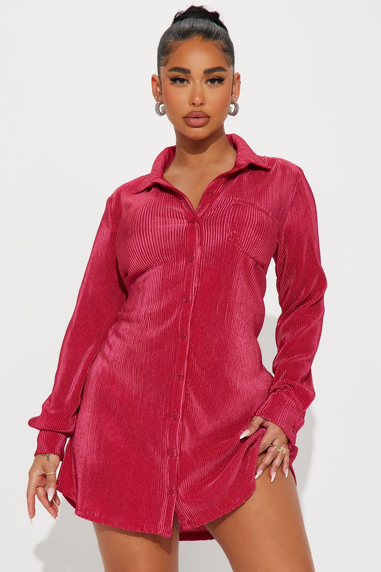 Lisa Plisse Shirt Dress - Red Product Image