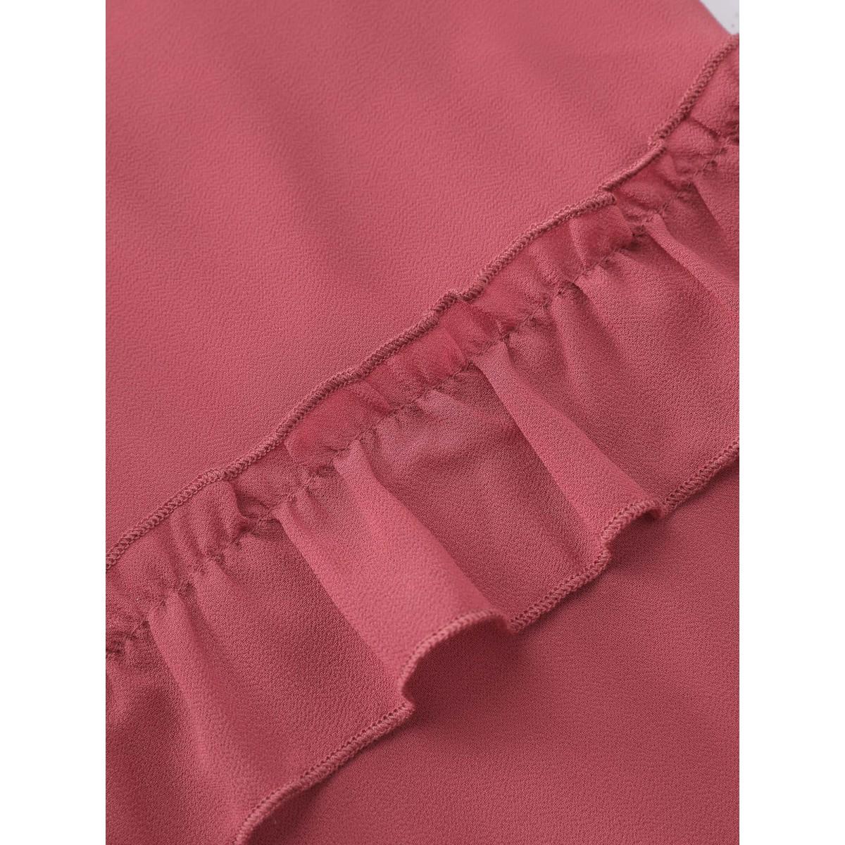 Plus Size Sheer Ruffled Gathered Neck Belted Midi Dress Rouge Women Timeless Stand-up collar Long Sleeve Curvy BloomChic 26/4X Product Image