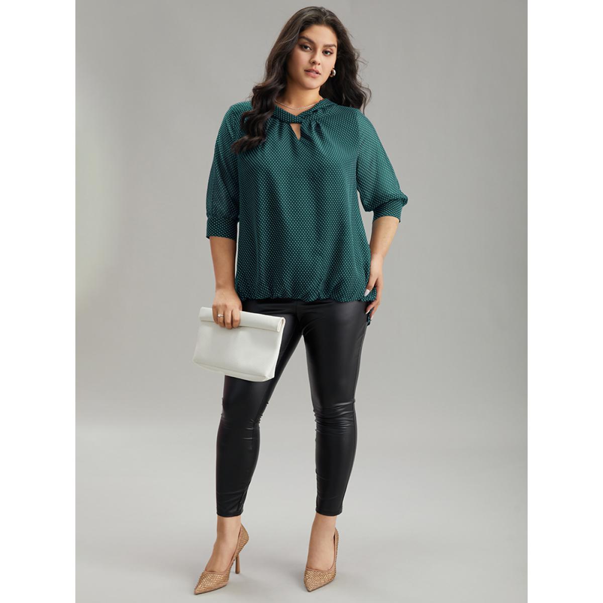 Plus Size DarkGreen Chiffon Polka Dot Mesh Keyhole Twist Front Blouse Women Office Elbow-length sleeve Round Neck Work Blouses BloomChic 14-16/1X Product Image